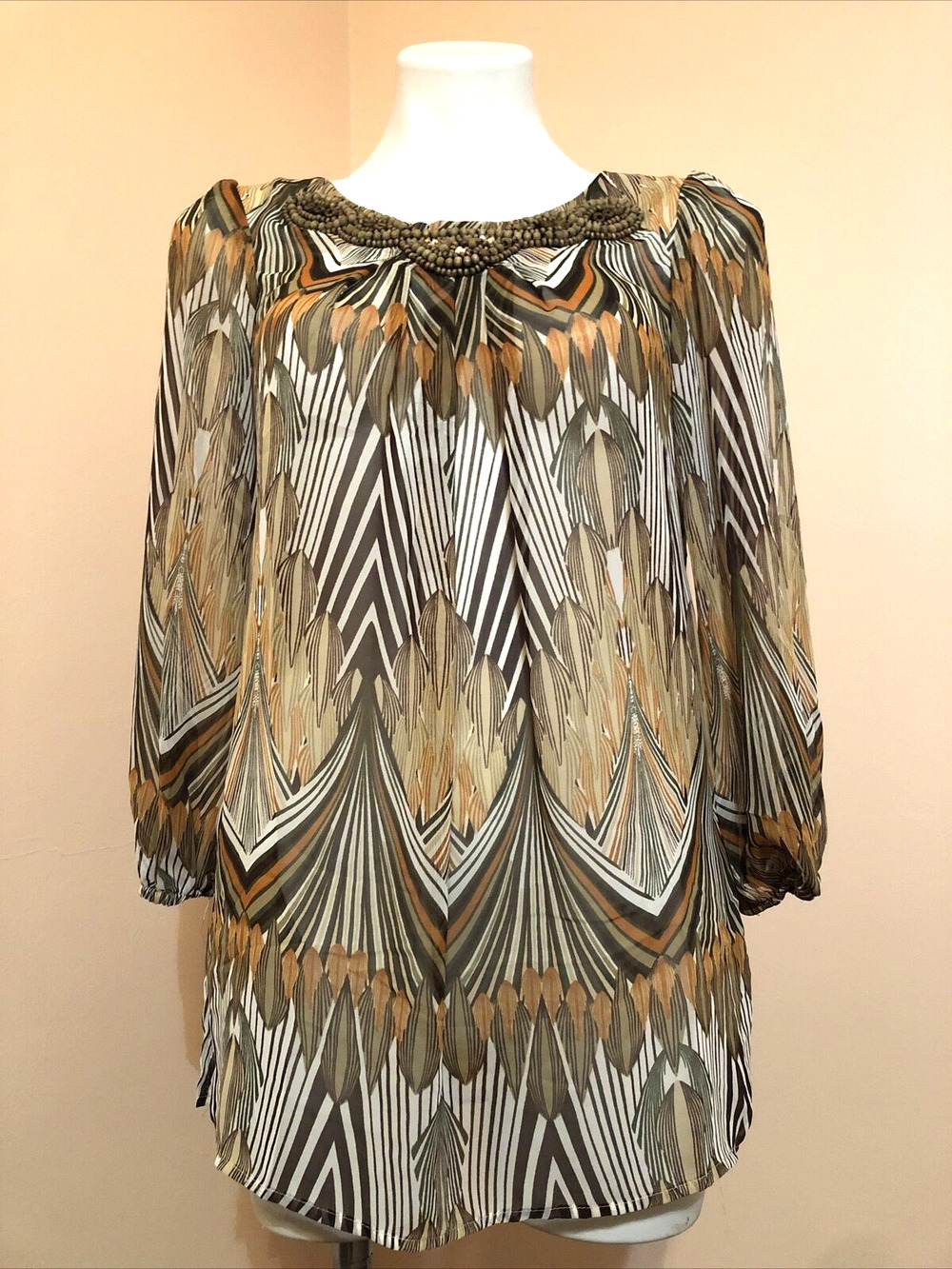 Travelsmith Sheer Brown Animal Print Beaded Collar Long Sleeve Small Blouse